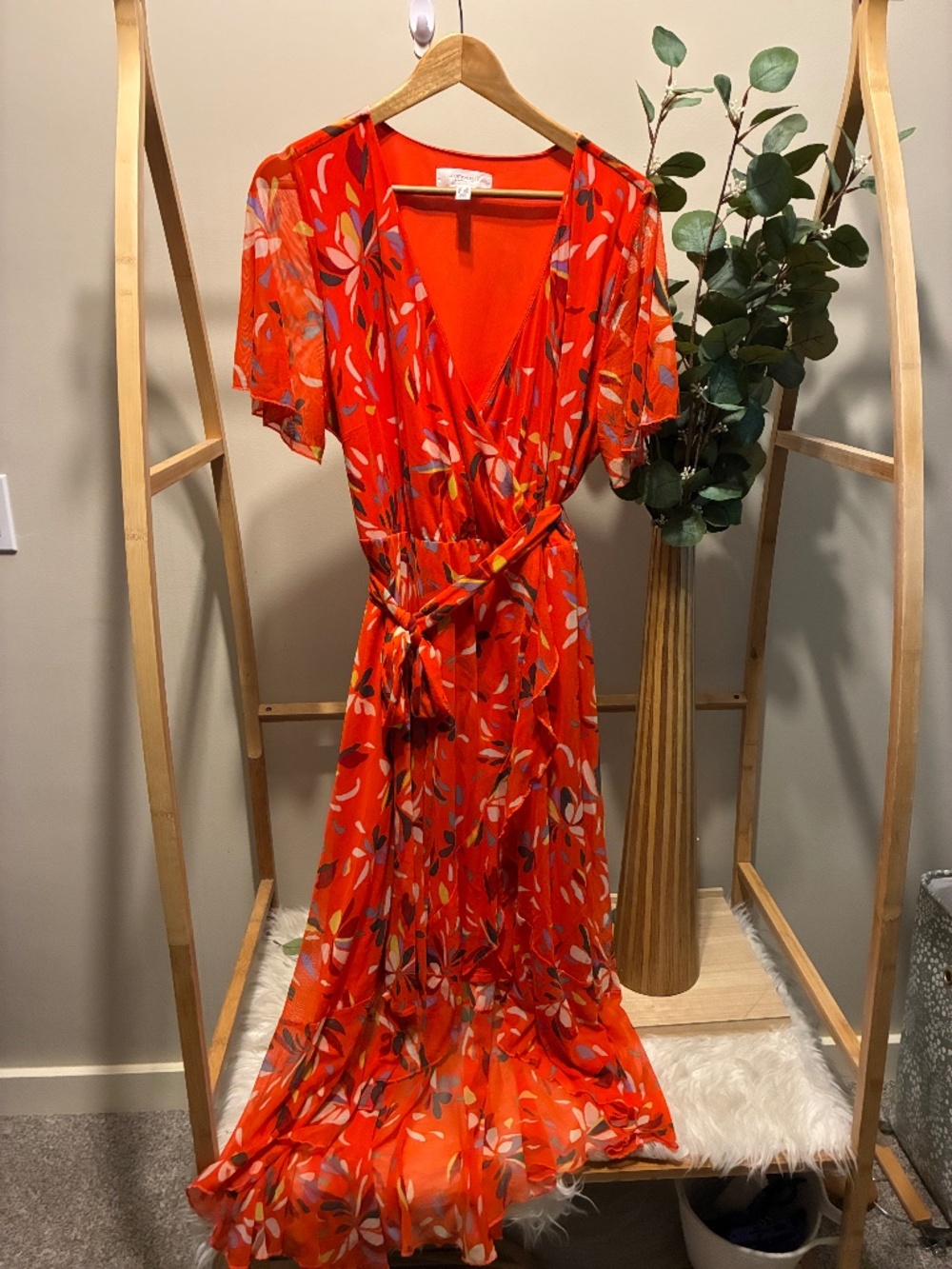 Addition Elle High Low Bright Red Floral Faux Wrap Dress